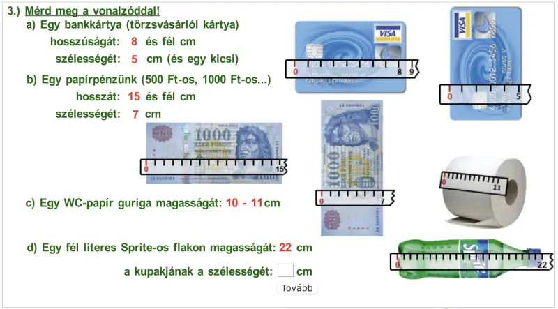 Képernyőfotó a 3. osztályos Matek Oázis interaktív tananyagból (Hosszúság mérése)